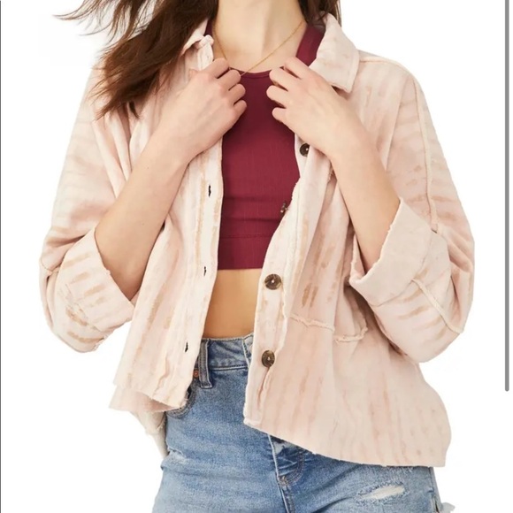 Free People Montauk High/Low Button-Up Shirt Jacket Shacket Tea Combo NWT Size L - Picture 1 of 14